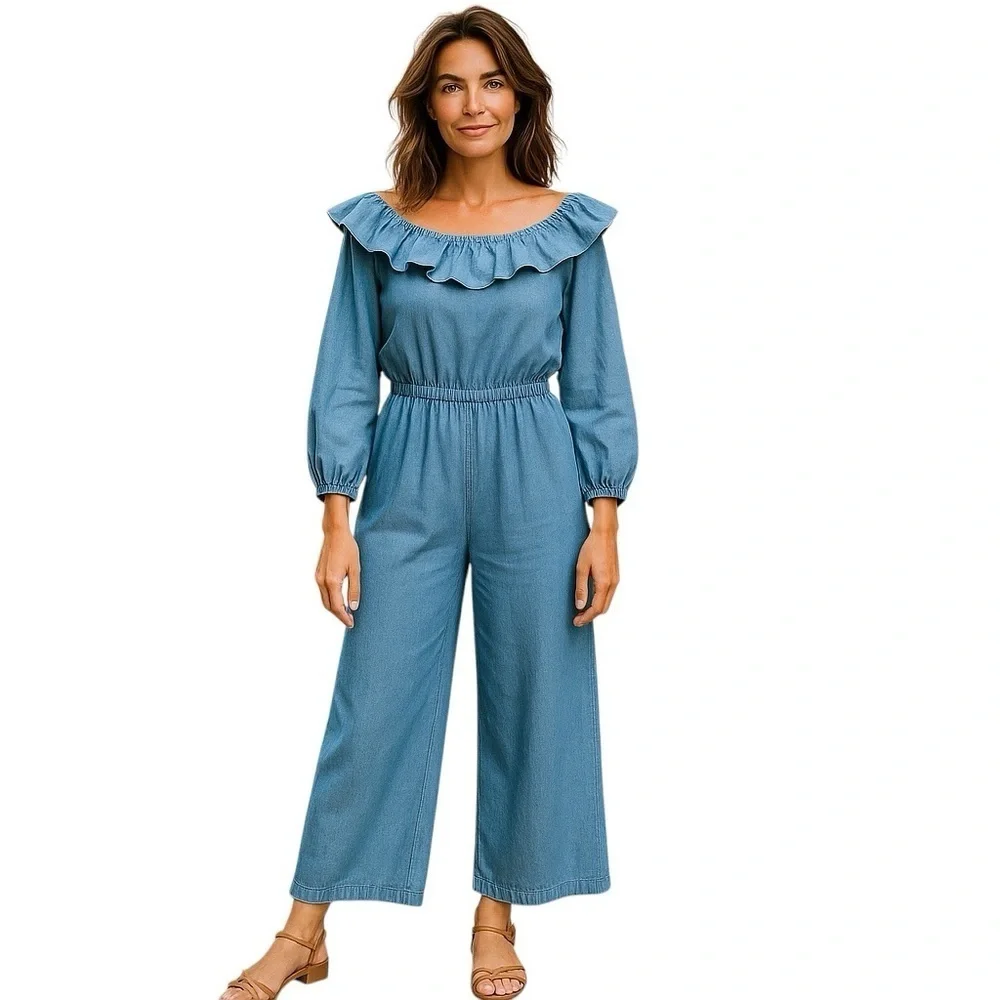 MICHAEL KORS Denim Chambray RUFFLE ON/OFF SHOULDER JUMPSUIT Small …Boho casual